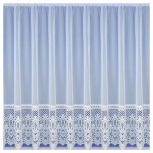 white net curtain with sheer fabric and intricate floral lace at the bottom, perfect for adding a touch of classic style to any room. Matching jardiniere and cafe net available
