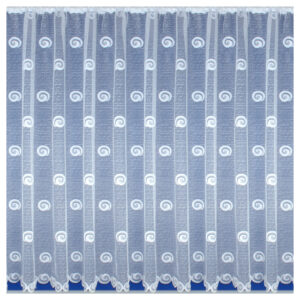 Delicate white lace curtain with repeating spiral pattern adorned with small curled designs create an elegant, airy texture. Scalloped edge, perfect for traditional or vintage-inspired home decor